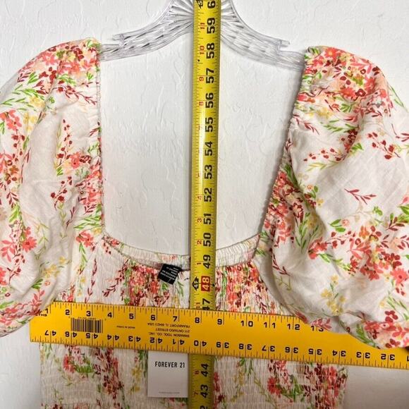 Forever 21 Dress XL Floral Maxi Puff Sleeve Smocked Bodice Square Neck Linen - Picture 11 of 11